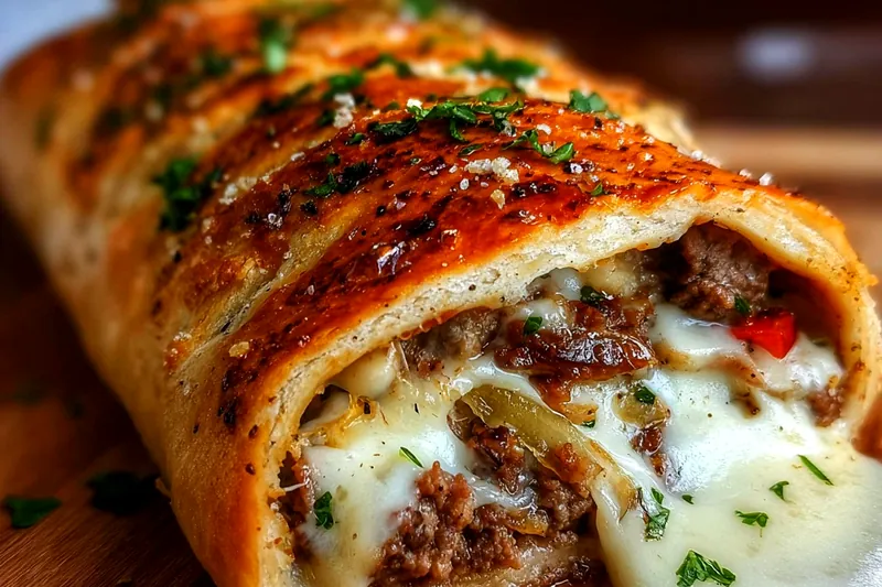 Ingredients for mozzarella cheesesteak stromboli including pizza dough, sliced steak, peppers, onions, and mozzarella cheese on a counter