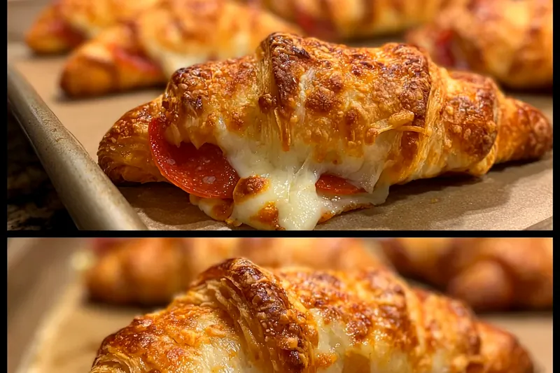 Hands rolling croissant dough around mozzarella and pepperoni filling, showing the proper technique for encasing the filling completely