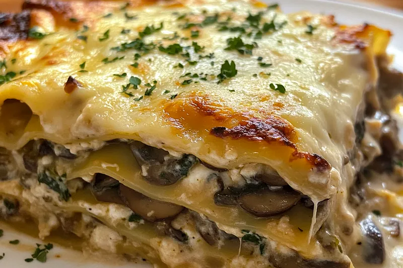 An overhead view of the lasagna being assembled with layers of noodles, cheese, and vegetables, showcasing vibrant colors and textures.