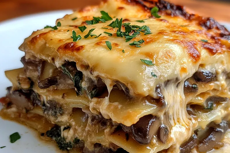 An assortment of fresh ingredients for Creamy Spinach Mushroom Lasagna, including spinach, mushrooms, cheeses, and noodles, beautifully arranged.