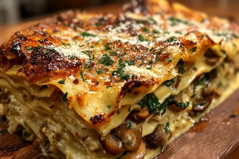 Chef Mitchell layering the ingredients of Creamy Spinach Mushroom Lasagna in a baking dish.