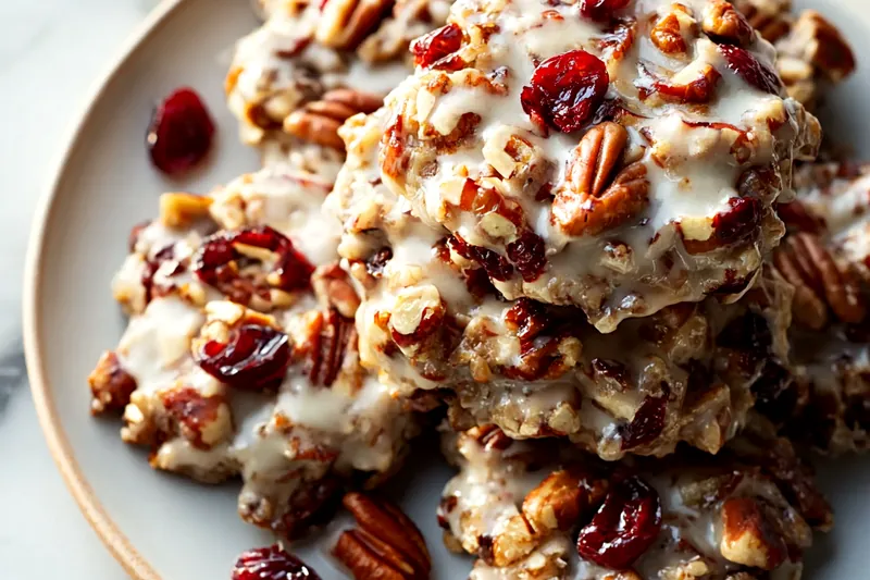 Ingredients for no-bake cranberry pecan praline cookies including oats, dried cranberries, toasted pecans, sugar, cream, and spices arranged on a marble counter