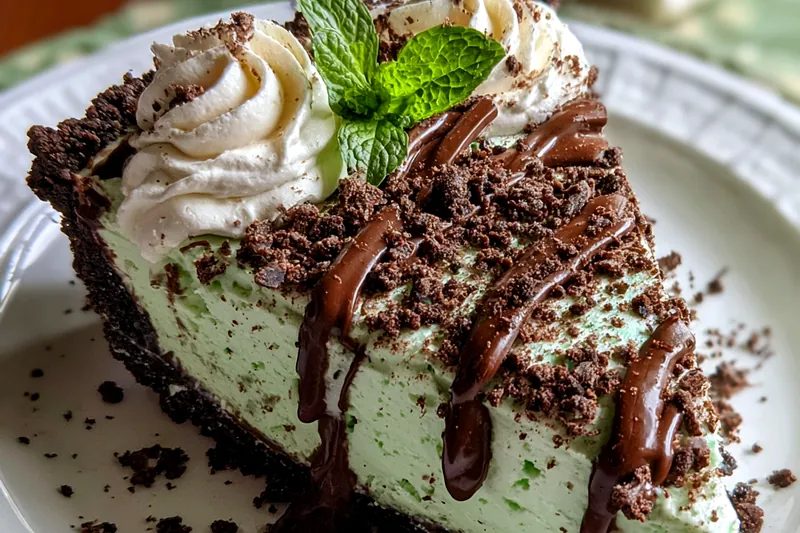 No-bake grasshopper pie being assembled, showing the mint filling being poured into the chocolate crust with whipped cream being folded in