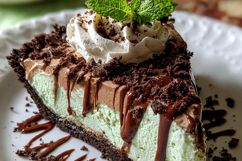 Ingredients for no-bake grasshopper pie including chocolate wafer cookies, cream, mint liqueur, gelatin, and eggs arranged on a vintage tablecloth