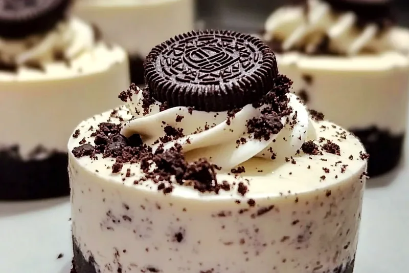 Ingredients for no-bake Oreo cheesecake including Oreo cookies, cream cheese, heavy cream, and gelatin arranged on a marble countertop