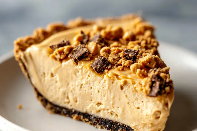 Process shot showing smooth peanut butter and cream cheese mixture being folded with fluffy white whipped cream in a glass mixing bowl with rubber spatula, showing marbled texture mid-fold