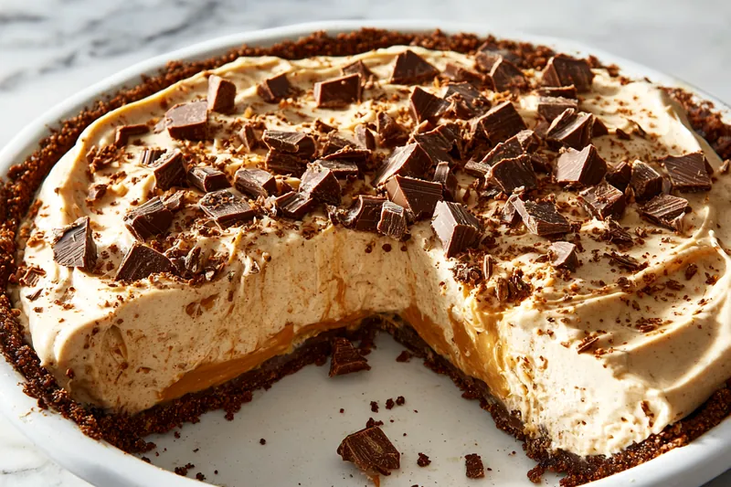 Overhead view of ingredients for no-bake peanut butter pie arranged on a marble countertop including cream cheese blocks, jar of peanut butter, Oreo cookies, heavy cream, powdered sugar, and chopped peanut butter cups