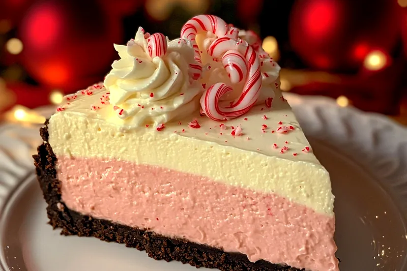 An enticing image showing the Decadent Peppermint Cheesecake cooling in the oven, highlighting the smooth texture and festive peppermint topping.