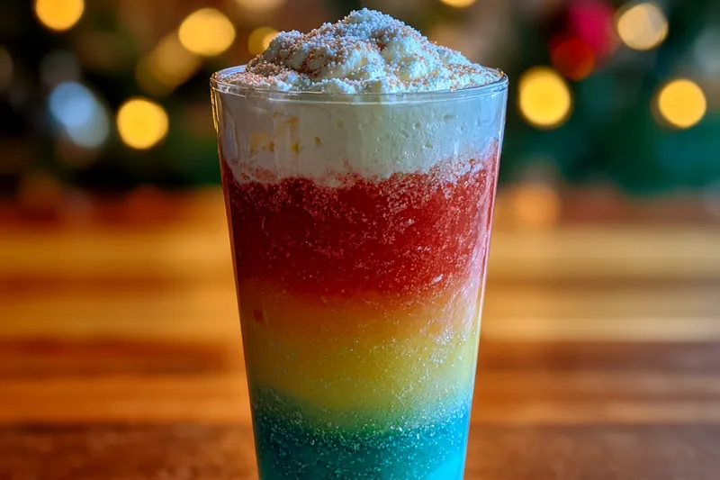 A vibrant bowl of Festive Northern Lights Punch with bubbles rising above ice cubes.