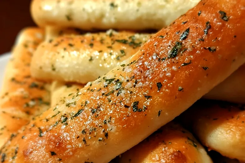 Bread making ingredients including flour, yeast, olive oil, fresh garlic, herbs, and butter arranged on a marble countertop with measuring tools