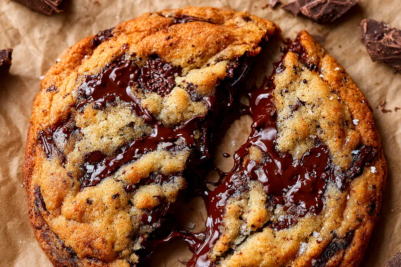 Large chocolate chip cookie dough ball on parchment paper before baking, showing chocolate chunks distributed throughout