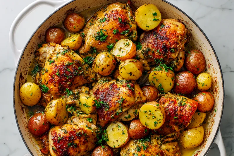 Action shot of golden brown chicken thighs and crispy potatoes being removed from a stainless steel roasting pan with a metal spatula, showing caramelized edges and glistening pan juices