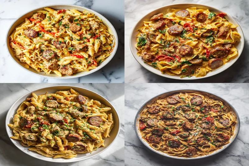 Step-by-step cooking process showing pasta being stirred in creamy sauce in a large pot, with steam rising and sauce gradually thickening around the noodles