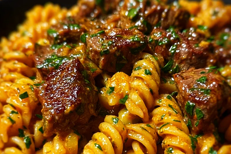 Steak strips searing in a hot skillet with garlic and spices, showing the perfect browning and sauce development
