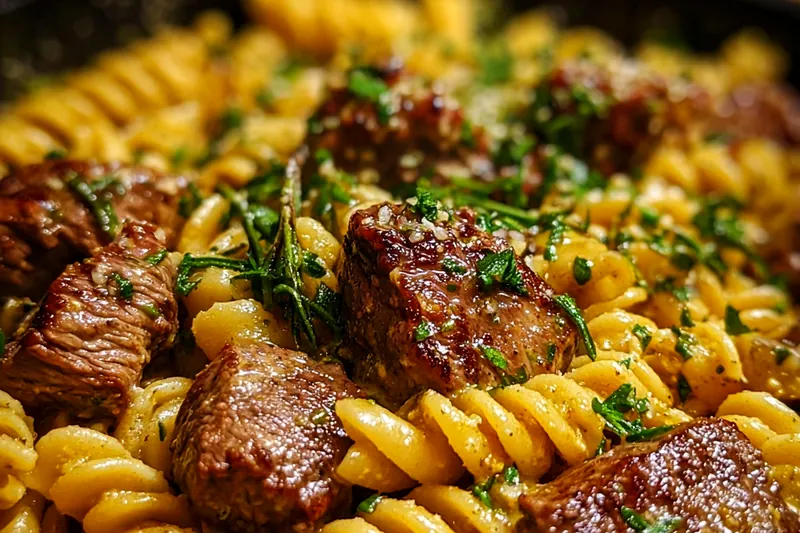 Raw steak strips, garlic cloves, heavy cream, spices, and herbs arranged on a wooden cutting board for one-pot preparation
