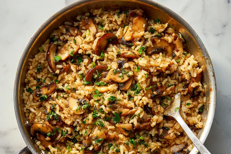 A chef stirring creamy mushroom rice in a large pot, inviting and delicious.