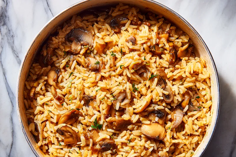 Fresh ingredients including mushrooms, rice, and herbs laid out on a kitchen counter.