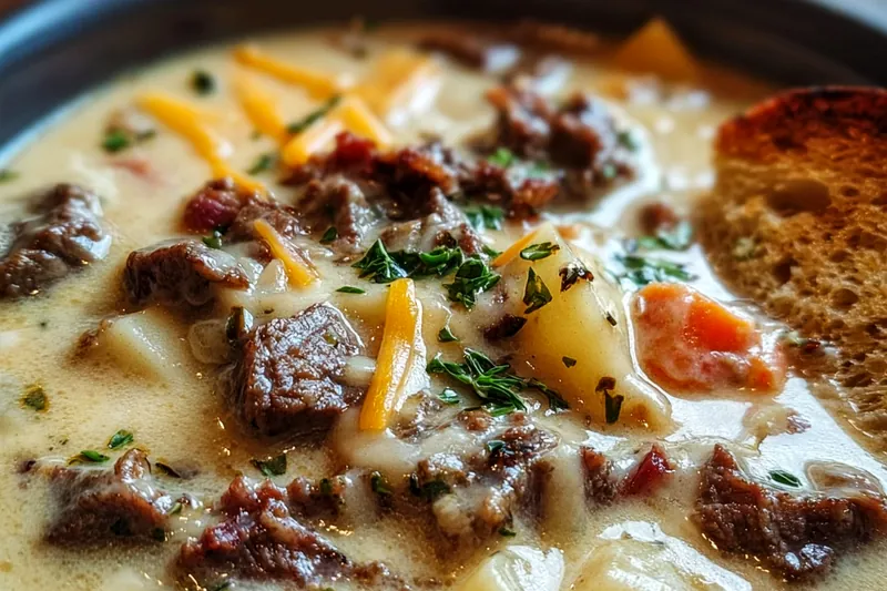 Ingredients for Philly cheesesteak soup including sliced beef, bell peppers, onions, mushrooms, various cheeses, and broth arranged on a wooden cutting board