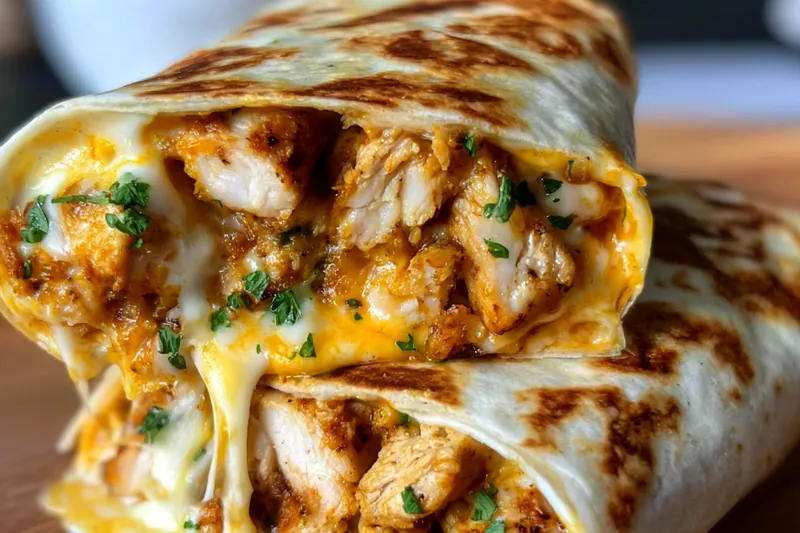 Golden chicken pieces cooking in a skillet with melted cheese sauce, showing the perfect texture and color for the wrap filling