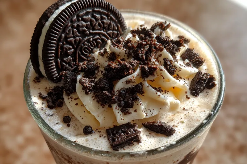 Blender mixing Oreo cookies and vanilla ice cream into a smooth, creamy milkshake with visible cookie pieces