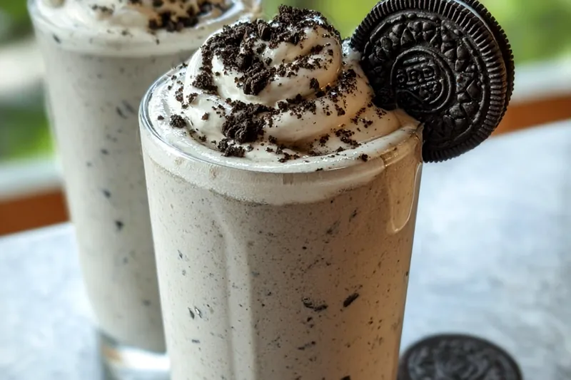 Ingredients for Oreo milkshake including vanilla ice cream, Oreo cookies, milk, and toppings arranged on a marble counter
