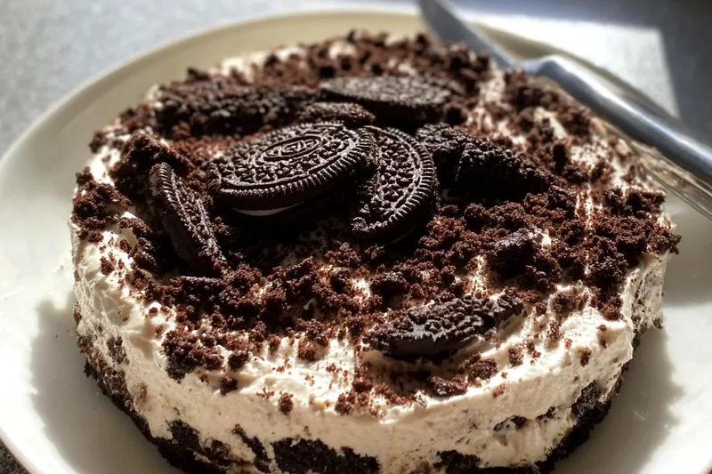 Hands layering OREO dirt cake in a clear glass dish, showing the process of creating distinct layers of crumbs and creamy pudding mixture