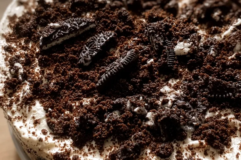 Ingredients for OREO dirt cake including packages of OREO cookies, cream cheese, butter, pudding mix, and whipped topping arranged on kitchen counter