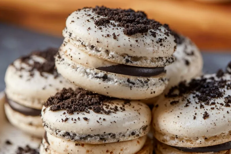 Perfectly piped Oreo macaron shells on parchment paper showing smooth tops and proper resting before baking