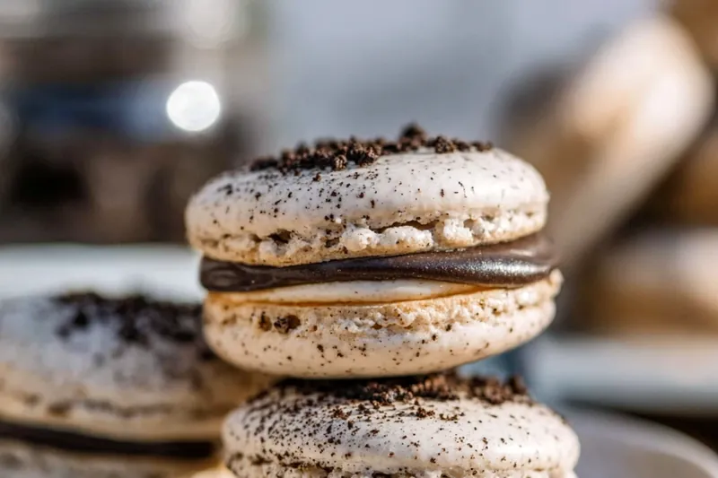 Ingredients for Oreo macarons including almond flour, egg whites, Oreo cookies, cocoa powder, and butter arranged on white marble