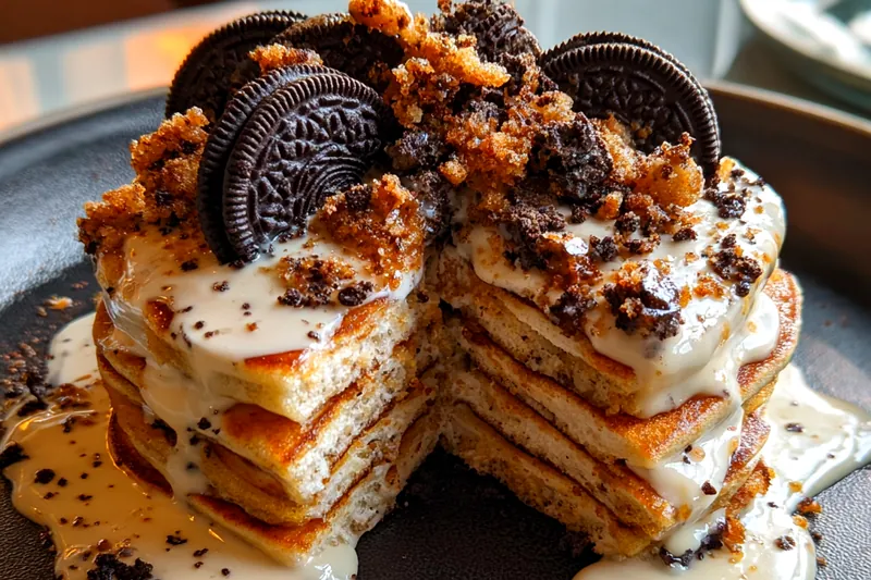Cooking process for Oreo Pancakes with Cream Cheese Drizzle
