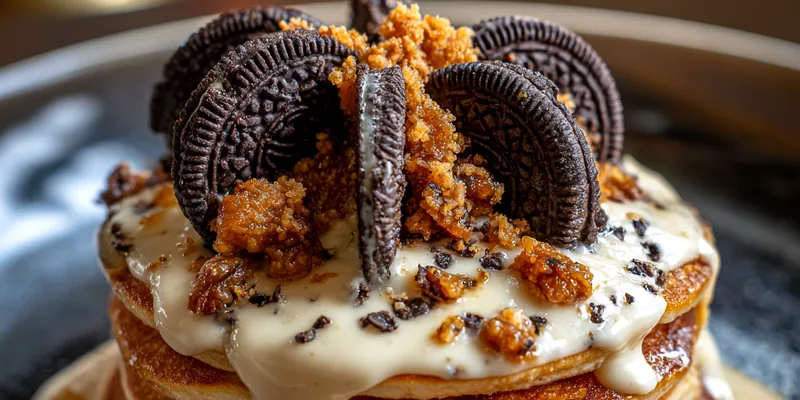 Oreo Pancakes with Cream Cheese Drizzle