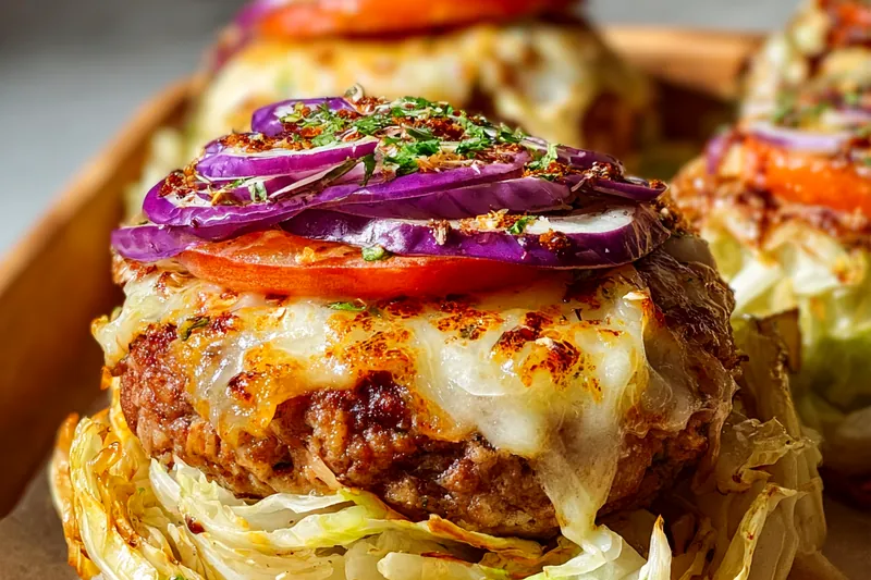 Cabbage burgers being assembled with beef filling placed on blanched cabbage leaves, showing the proper rolling technique for perfect results
