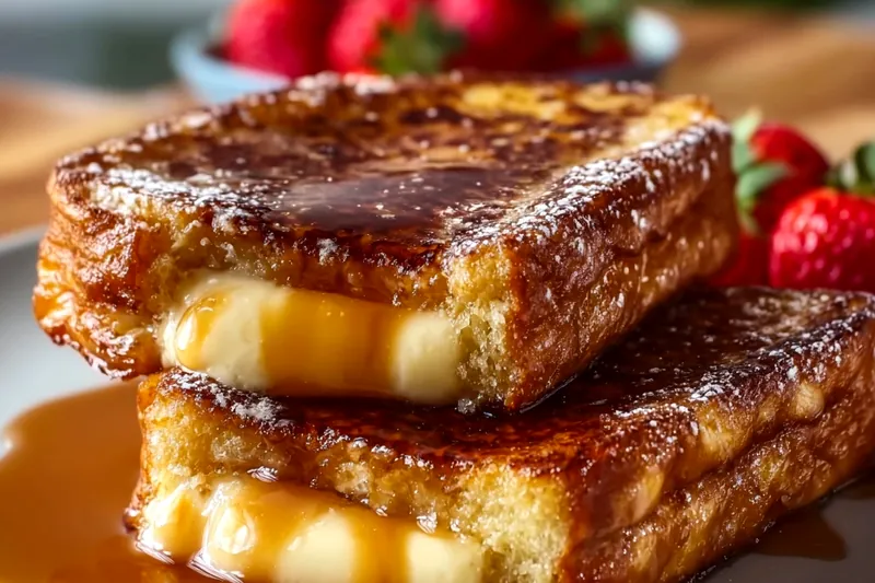 Ingredients for overnight crème brûlée French toast including thick brioche slices, eggs, heavy cream, vanilla, brown sugar, and fresh berries arranged on marble countertop