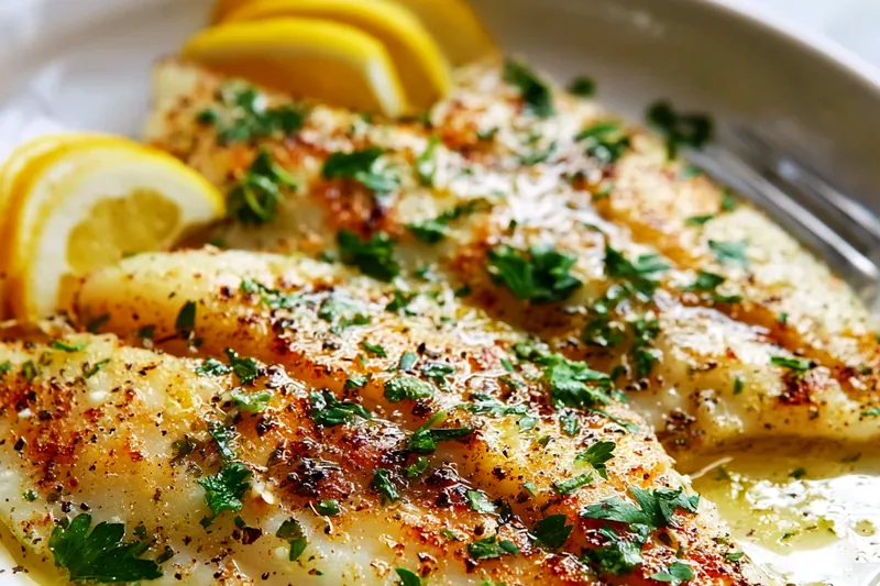 Overhead view of recipe ingredients arranged on marble surface: pale sole fillets, fresh lemons, parsley sprigs, garlic cloves, small bowl of capers, butter, olive oil bottle, and white wine