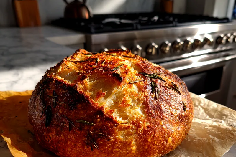Artisan bread dough rising in Dutch oven with golden crust forming, steam visible, Parmesan melting on top