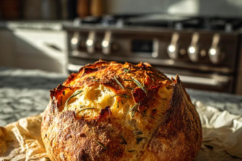 Bread-making ingredients including flour, Parmesan cheese, fresh garlic cloves, yeast, olive oil, and herbs arranged on wooden surface