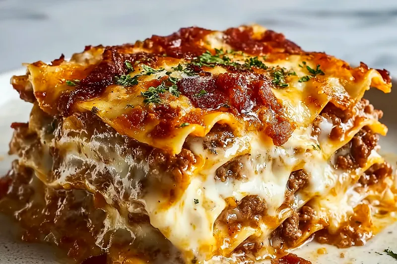 Cheeseburger lasagna being assembled with layers of meat, cheese, and creamy garlic sauce visible in a glass baking dish