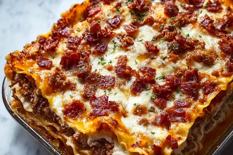 Ingredients for cheeseburger lasagna including ground beef, bacon, multiple cheeses, lasagna noodles, and burger condiments on a wooden board