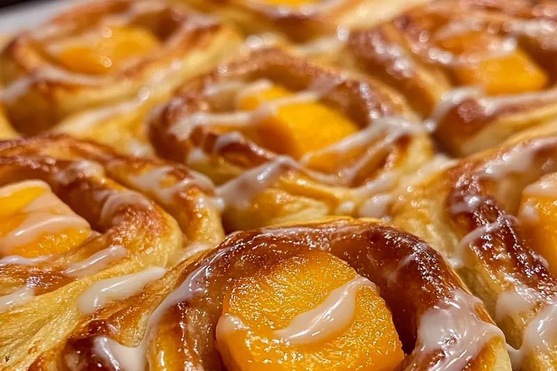 A baking tray of freshly baked Peach and Cinnamon Sweet Rolls cooling on a rack.