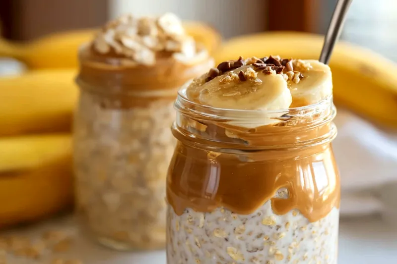 Jar of prepared peanut butter banana overnight oats with chia seeds showing the creamy, thick consistency after refrigeration