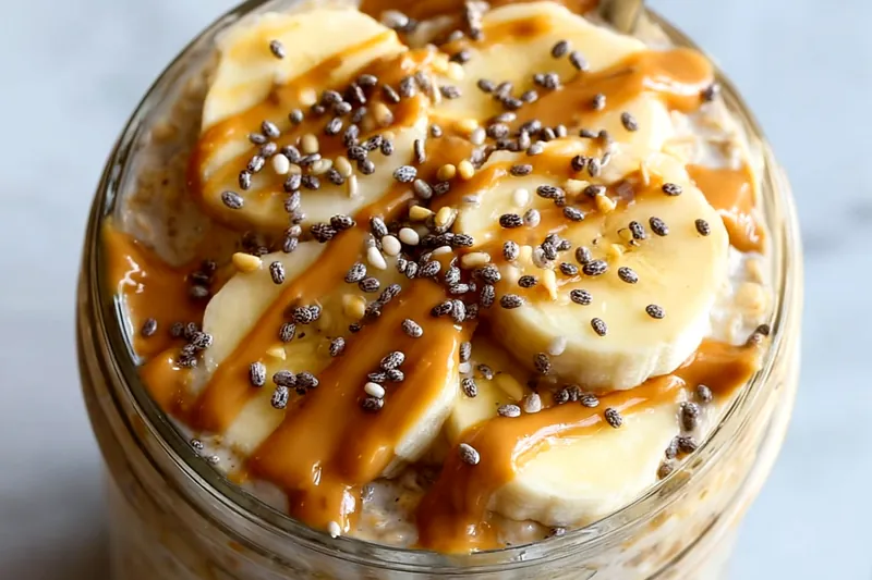 Ingredients for peanut butter banana overnight oats including rolled oats, chia seeds, bananas, peanut butter, milk, and honey arranged on a counter