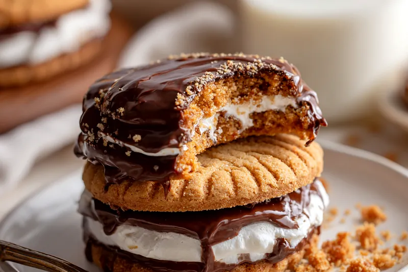 Close-up of peanut butter cookie dough balls being pressed with a fork to create crosshatch pattern on parchment-lined baking sheet