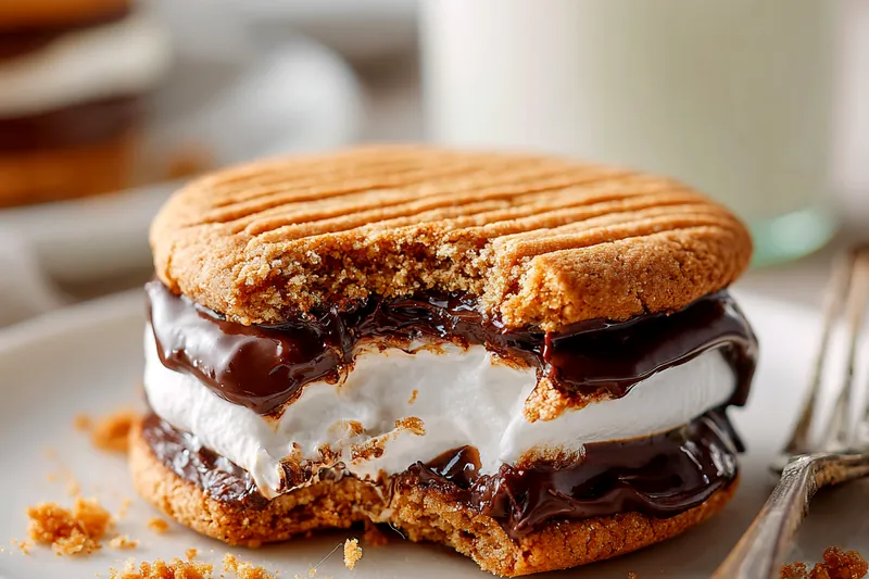 Overhead view of peanut butter s'mores cookie ingredients arranged on white marble: peanut butter in glass measuring cup, bowls of sugars, egg, butter, vanilla, baking soda, chocolate chips, heavy cream, and marshmallow cream jar