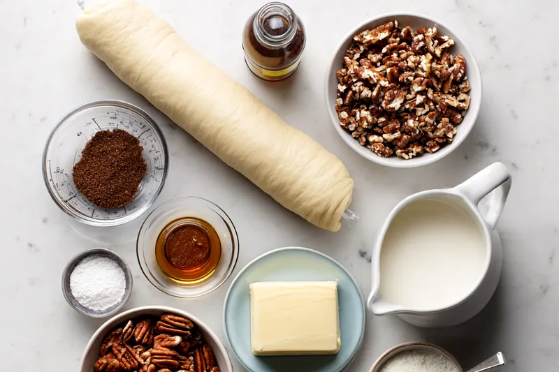 Close-up of hands rolling crescent dough around pecan pie filling on parchment paper, showing the technique of starting from the wide end of the triangle