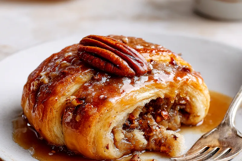 Overhead view of pecan pie crescent roll ingredients arranged on white marble surface including crescent dough tube, chopped pecans in bowls, brown sugar, butter, corn syrup, and vanilla extract