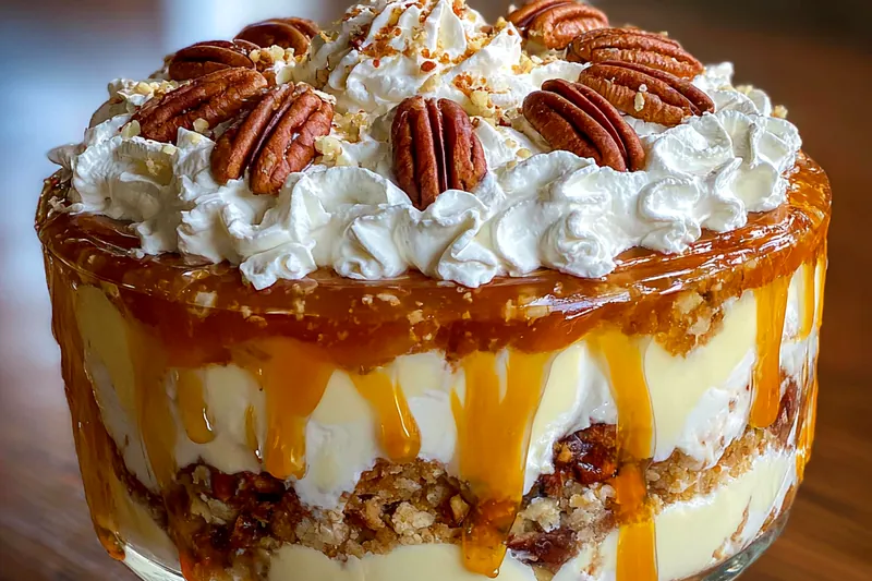 The process of layering the Decadent Pecan Cheesecake Trifle, showcasing the creamy cheesecake filling and crunchy pecans.