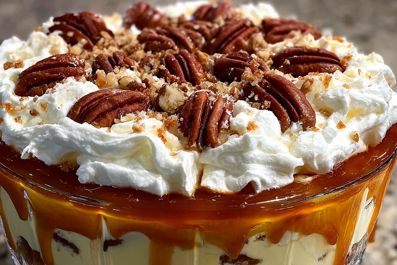 A collection of ingredients for the Decadent Pecan Cheesecake Trifle including pecans, cream cheese, and ladyfingers.