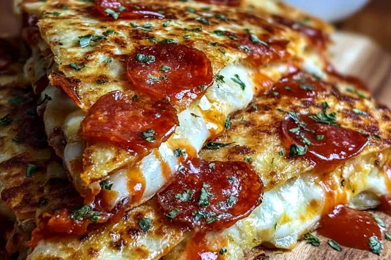 Pizza quesadillas cooking in a cast iron skillet, showing golden-brown tortilla with melted cheese visible at the edges