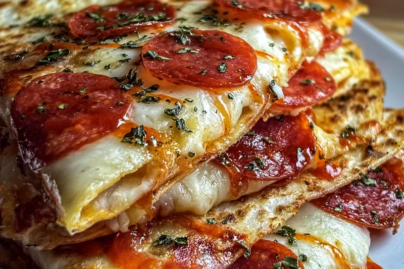 Ingredients for pizza quesadillas including flour tortillas, pizza sauce, cheese, pepperoni, and vegetables arranged on a kitchen counter