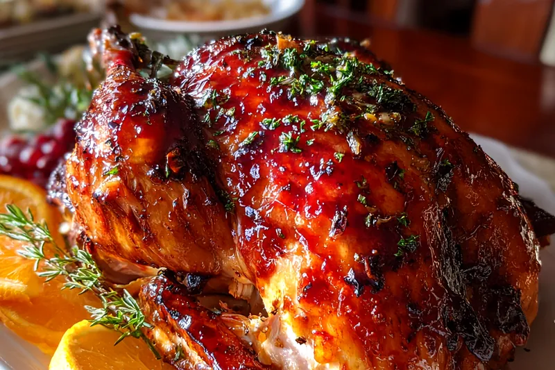 The turkey being basted with cranberry orange glaze
